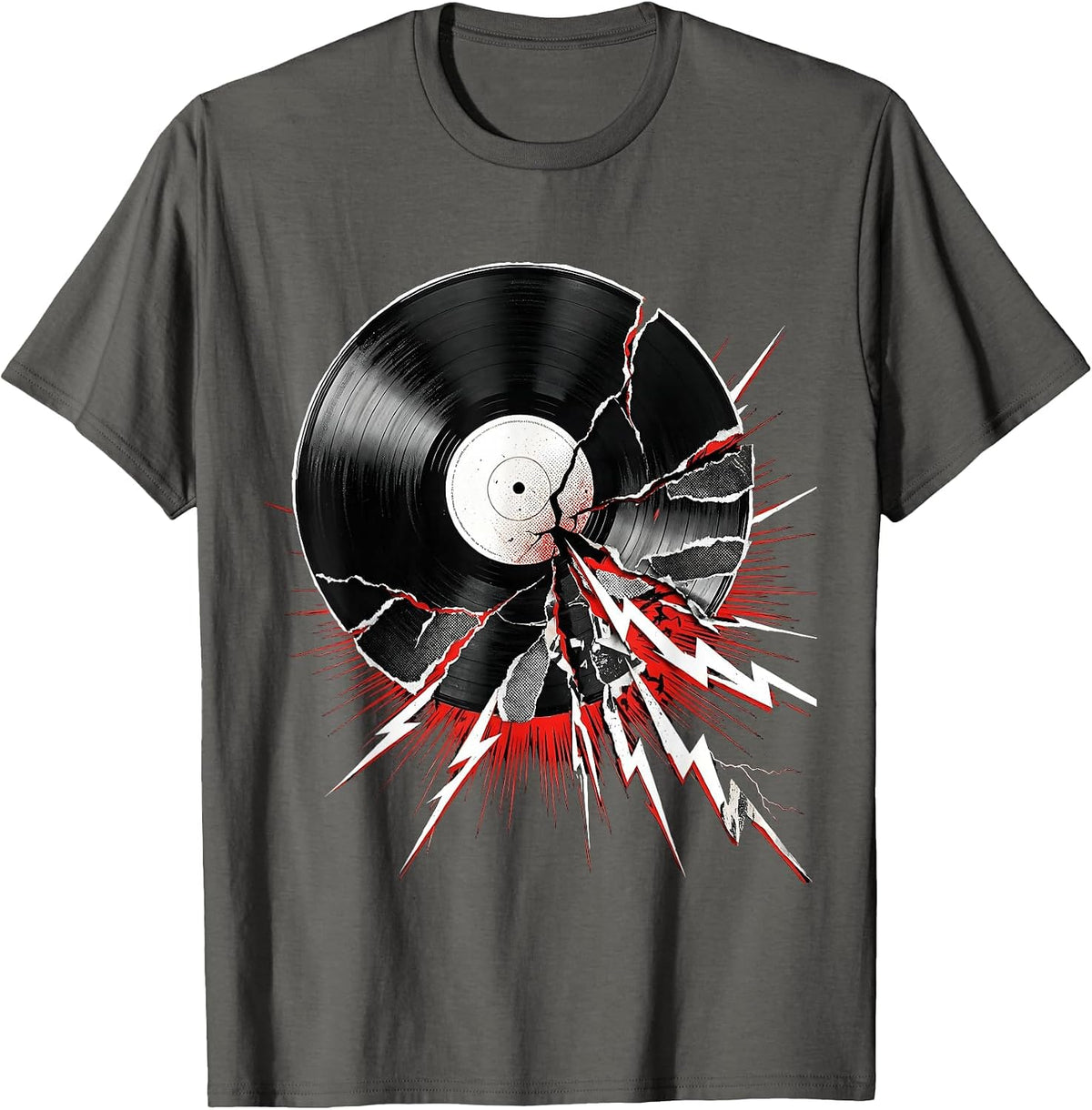Vinyl Record Melting Into Lightning Bolts Art T-Shirt - Asphalt Grey