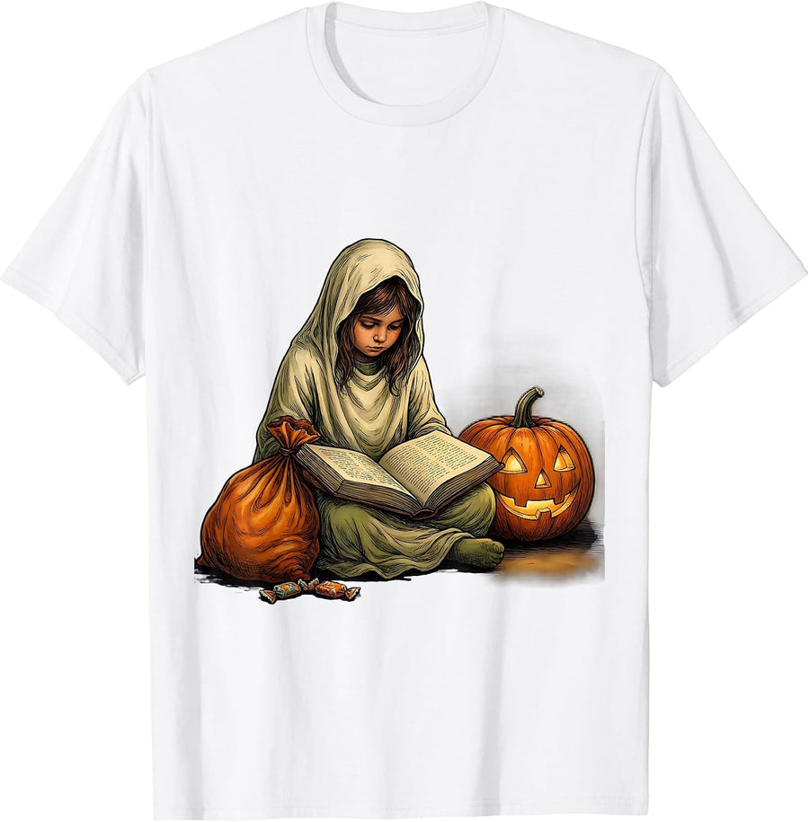 Bookworm Ghost Reading Halloween Teacher Librarian T-Shirt - White