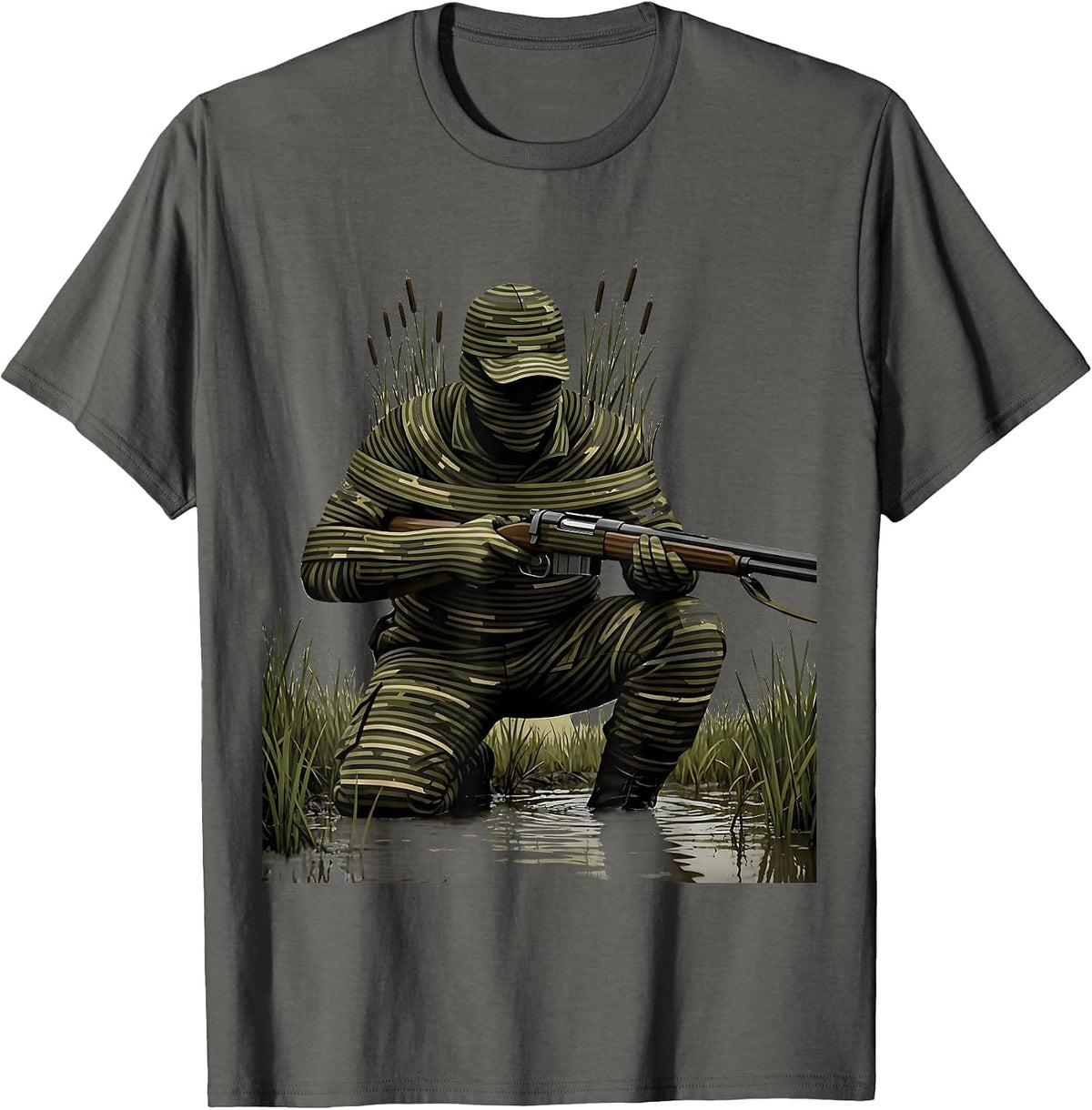 Camo Duck Hunter in Marsh Reeds Illustration T-Shirt - Asphalt Grey