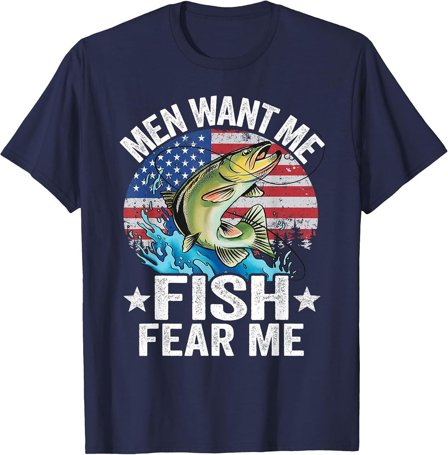 Men Want Me Fish Fear Me Fisherwoman US Flag Women Fishing T-Shirt - Navy Blue