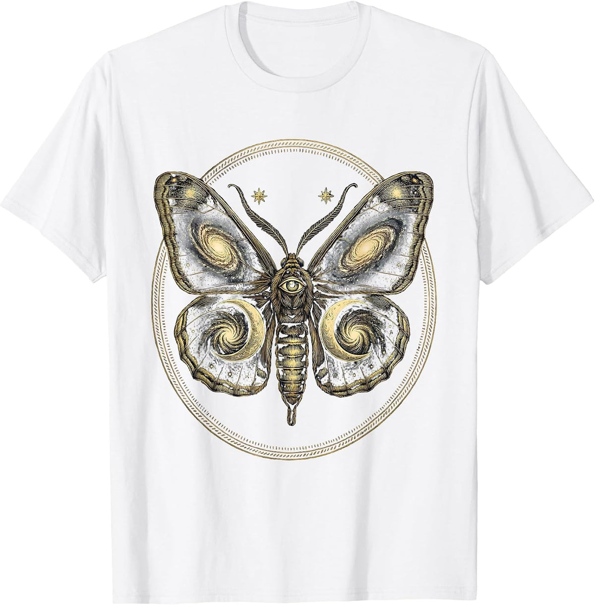 Men's Cosmic Moth Spiral Galaxy Wings Illustration T-Shirt - White