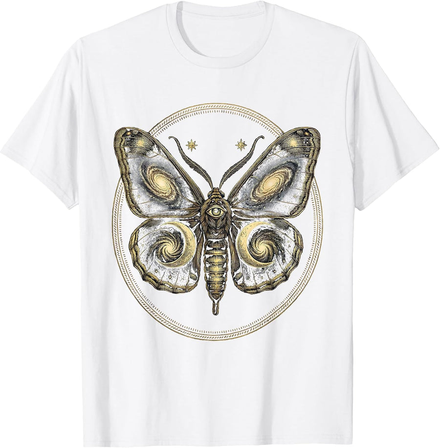 Men's Cosmic Moth Spiral Galaxy Wings Illustration T-Shirt - White