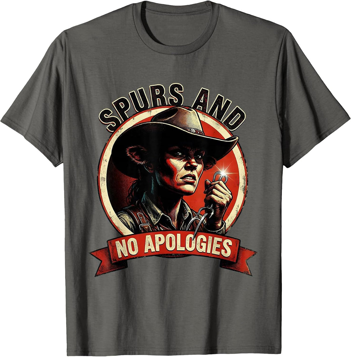Men's White Cowgirl Spurs and No Apologies Design T-Shirt - Asphalt Grey