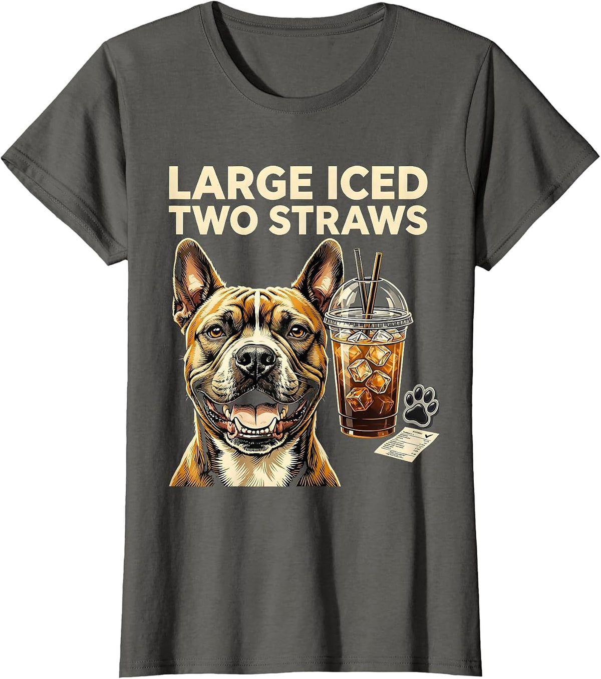 Women's Large Iced Two Straws Funny Pitbull Drinking Iced Coffee T-Shirt - Asphalt Grey