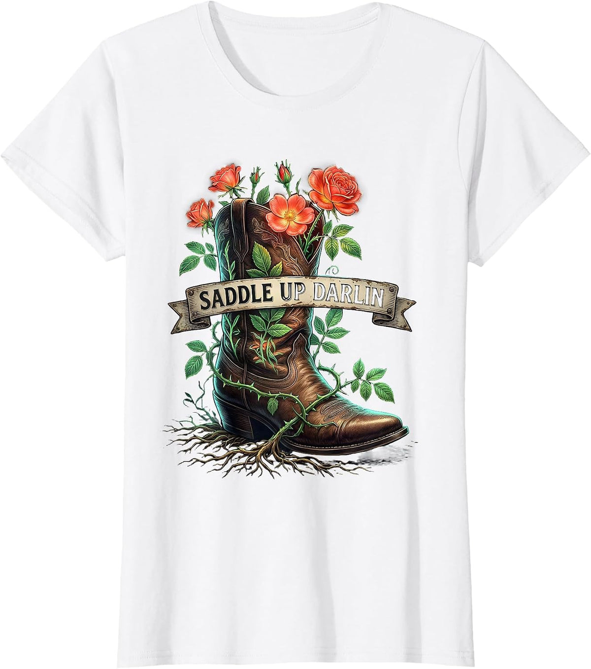 Women's Saddle Up Darlin Cowboy Western Graphic Design T-Shirt - White