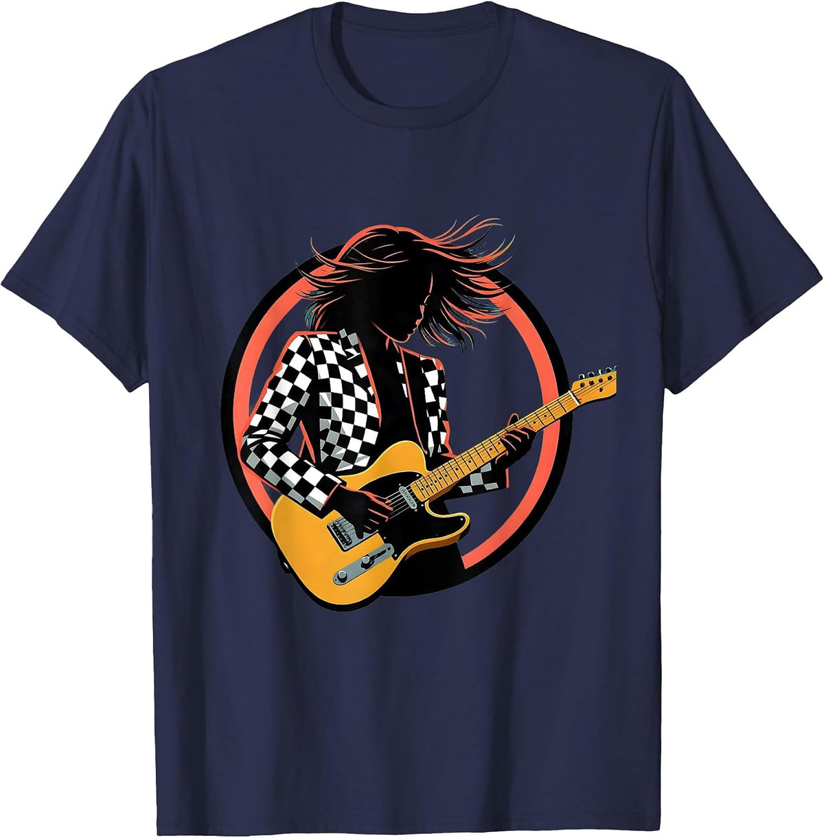 Checkered Jacket Electric Guitar Player Graphic T-Shirt - Navy Blue