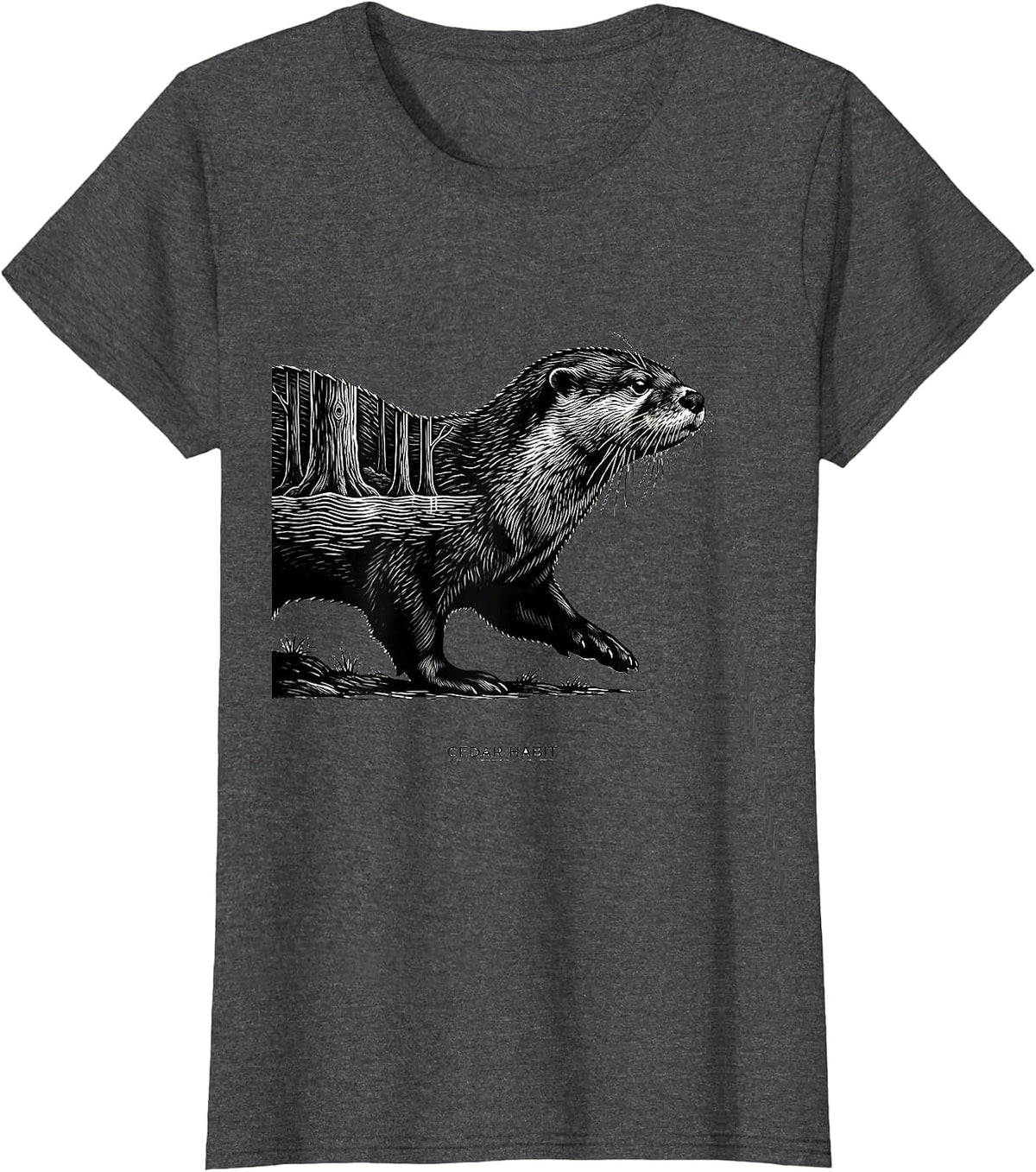 Women's Cedar Habit Scratchboard River Otter Forest Wildlife Nature T-Shirt - Dark Heather Grey