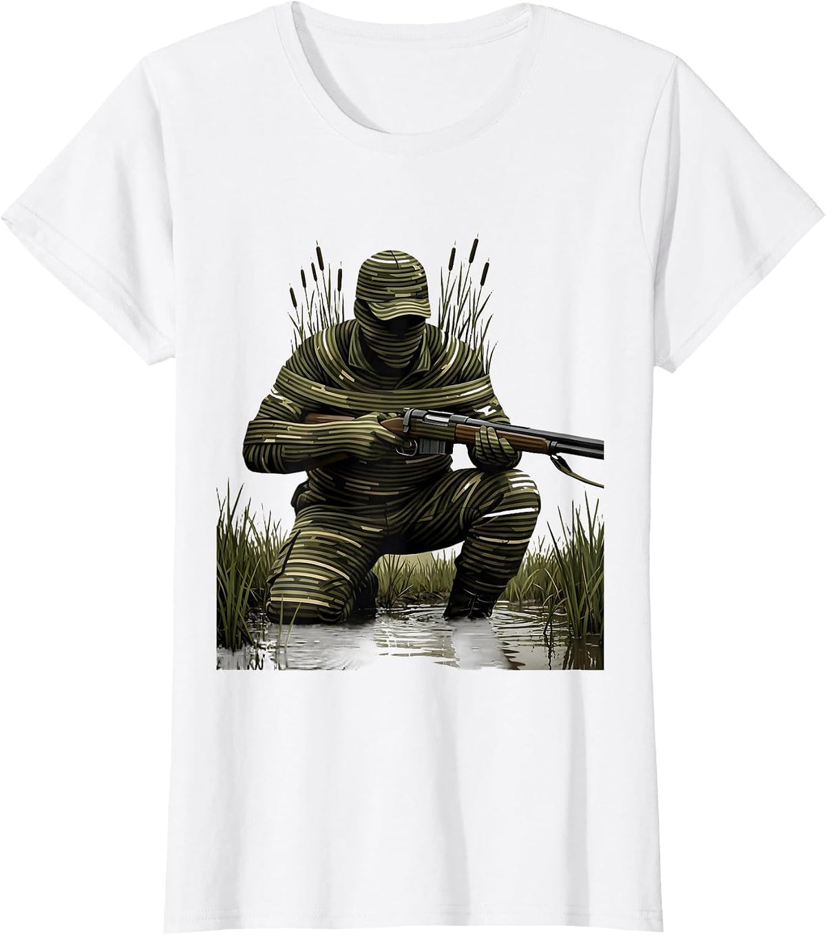 Camo Duck Hunter in Marsh Reeds Illustration T-Shirt - White