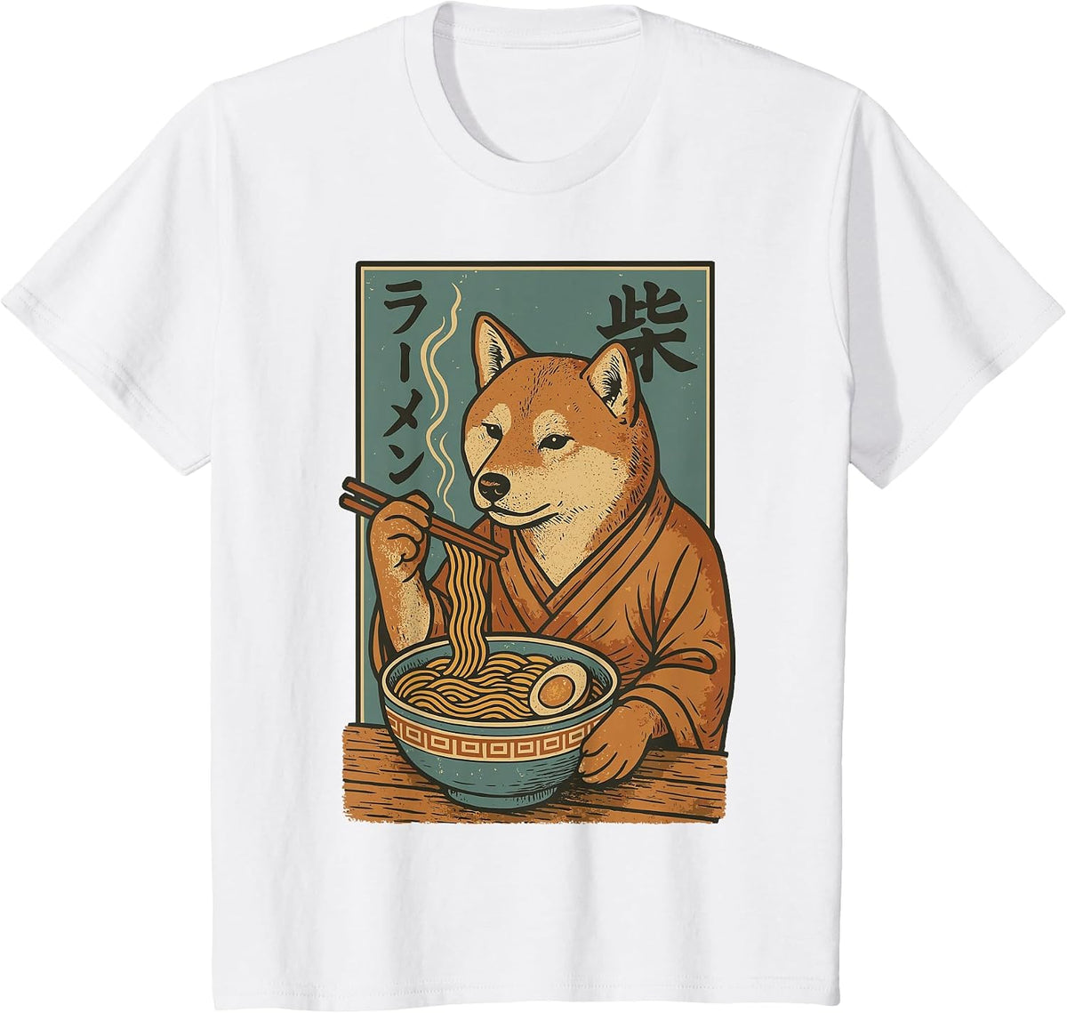 Shiba Inu Dog Eating Ramen Noodles Funny Vintage Japanese T-Shirt - White