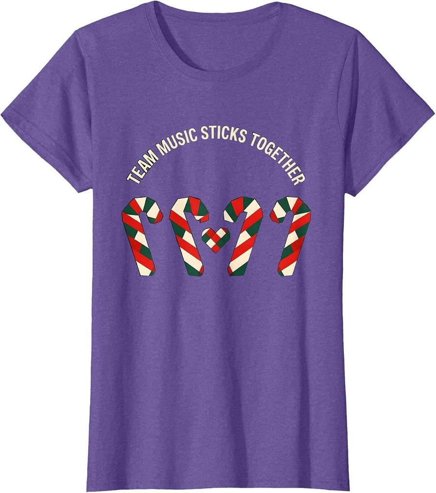 Team Music Sticks Together Quilted Candy Cane Teacher T-Shirt - Purple Heather