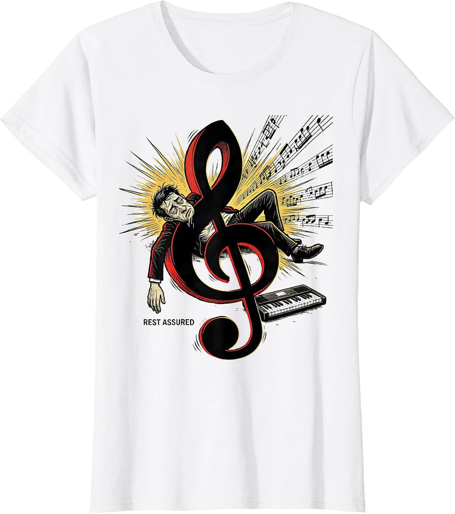 Women's Rest Assured Comic Book Pianist Music Lover Humor T-Shirt - White