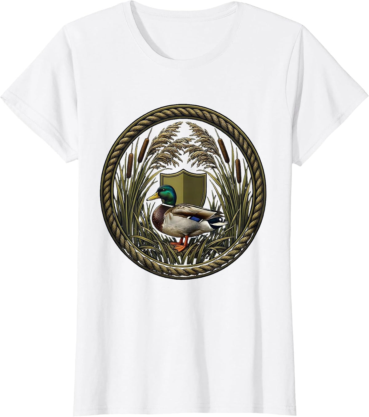 Women's Duck Blind Cattails Hidden Hunting Illustration T-Shirt - White
