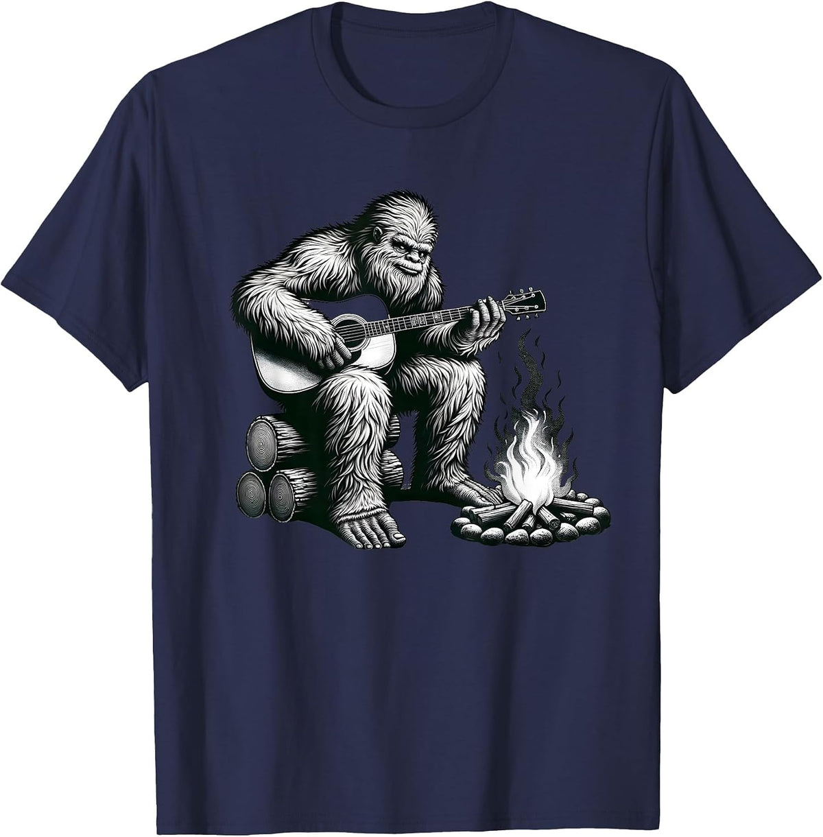 Bigfoot Playing Guitar Rock on Sasquatch Big Foot T-Shirt - Navy Blue
