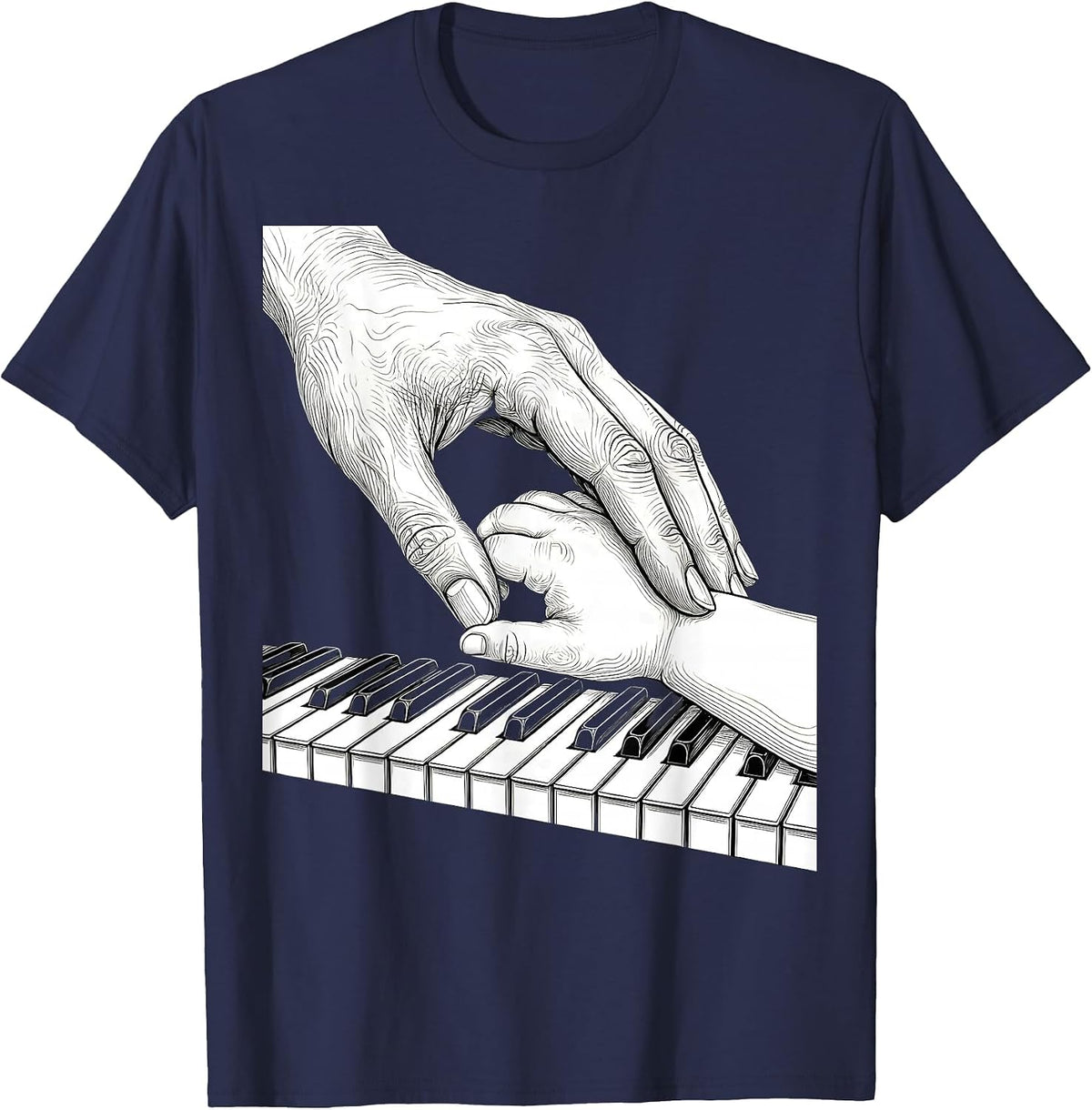 Piano Teacher Hand Guiding Child Music Lesson T-Shirt - Navy Blue