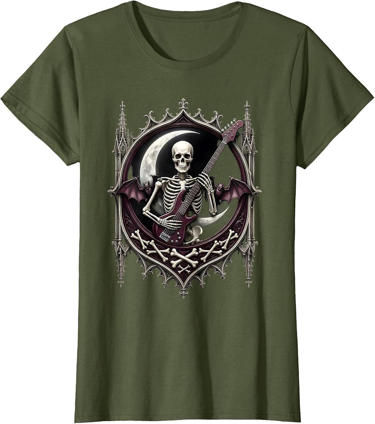 Women's Skeleton Bassist Crescent Moon 80s Rock Graphic T-Shirt - Olive Green