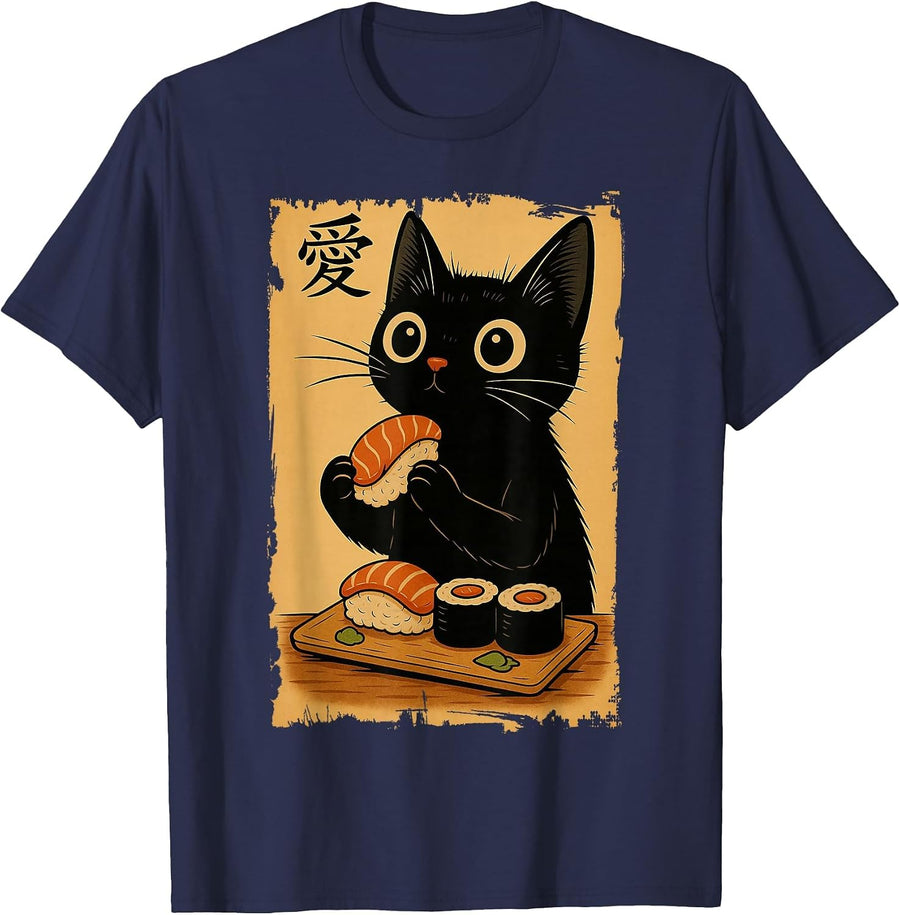 Cute Kawaii Black Cat Eating Sushi Funny Japanese Black Cat T-Shirt - Navy Blue