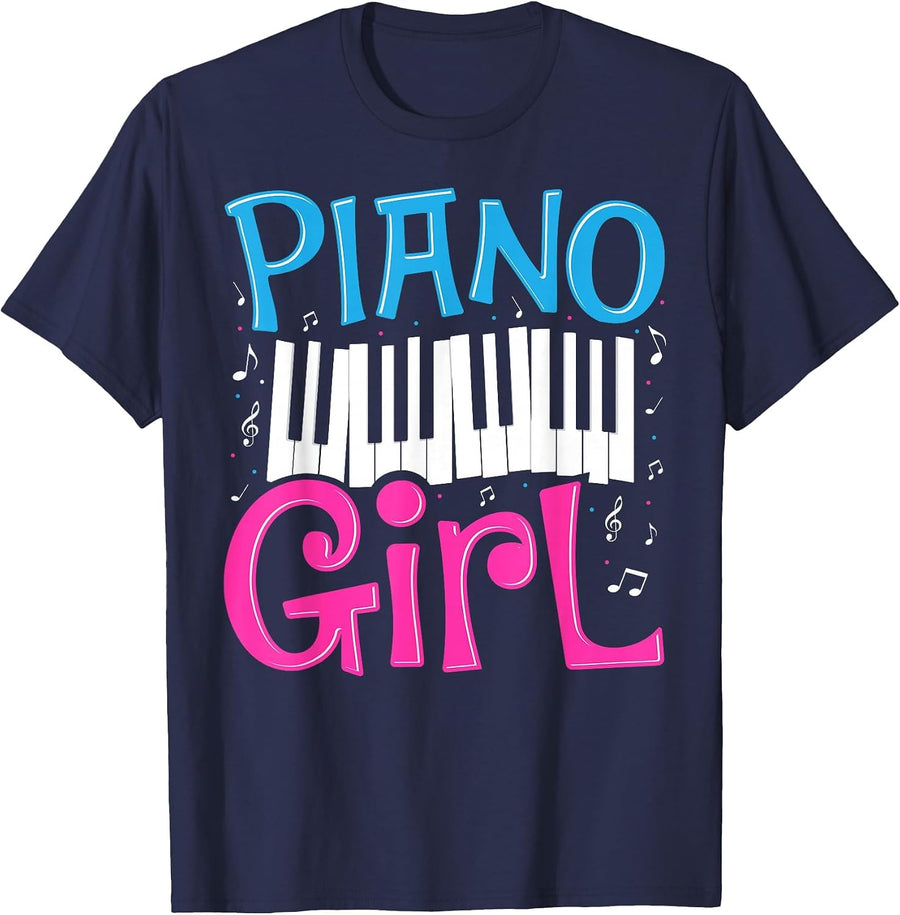Piano Girl Music Notes Pianist Keyboard Novelty T-Shirt - Navy Blue