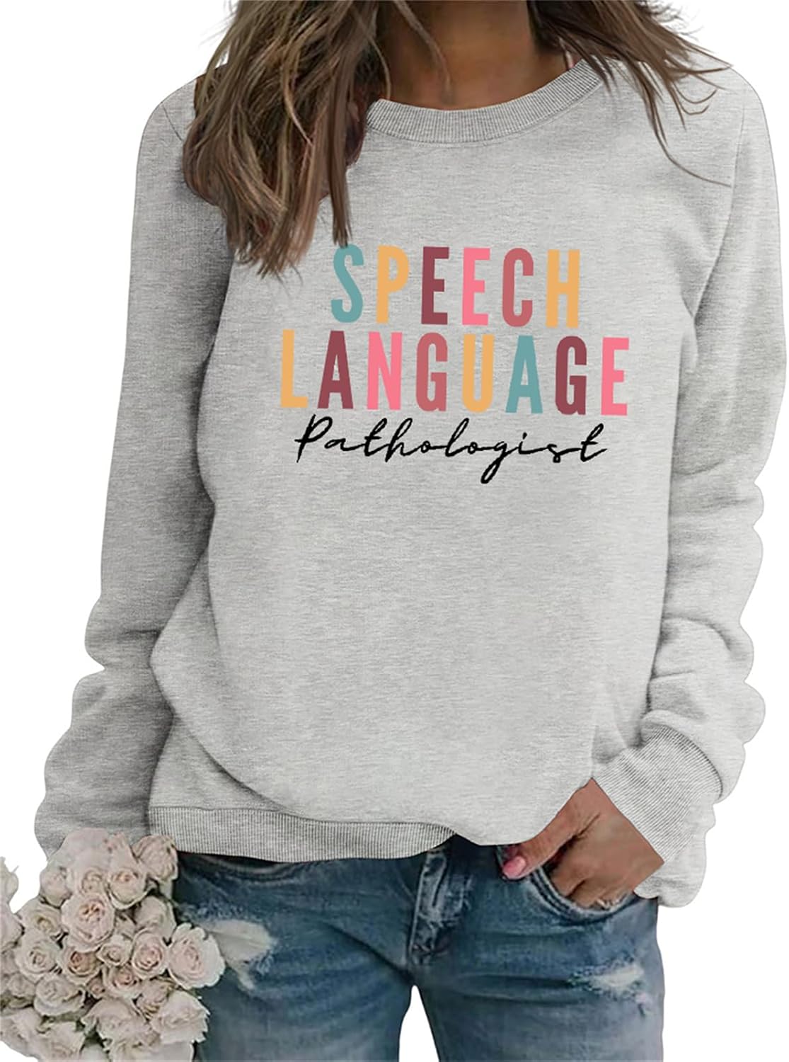 Speech Therapy Sweatshirt Cute Crew Neck Graphic Long Sleeve Shirts for Women SLP Speech Language Pathologist Gifts - Grey