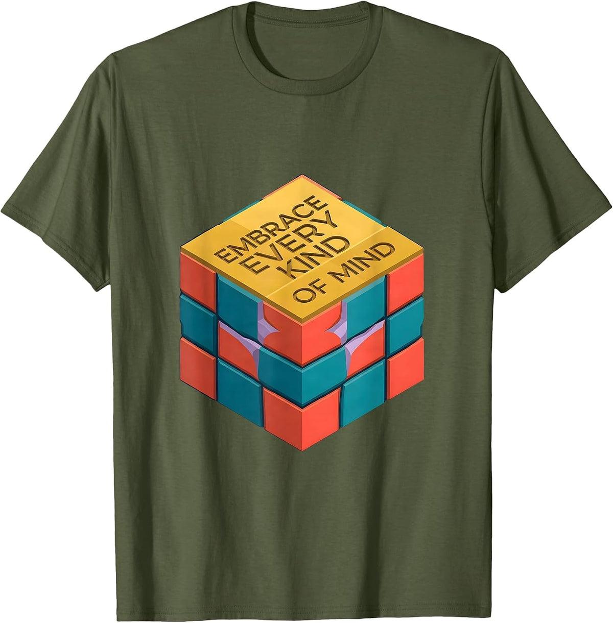 Embrace Every Kind of Mind Autism Awareness Design T-Shirt - Olive Green