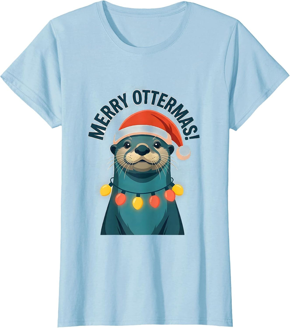 Women's Merry Ottermas! Flat Vector Funny Animal Lover Christmas T-Shirt - Baby Blue