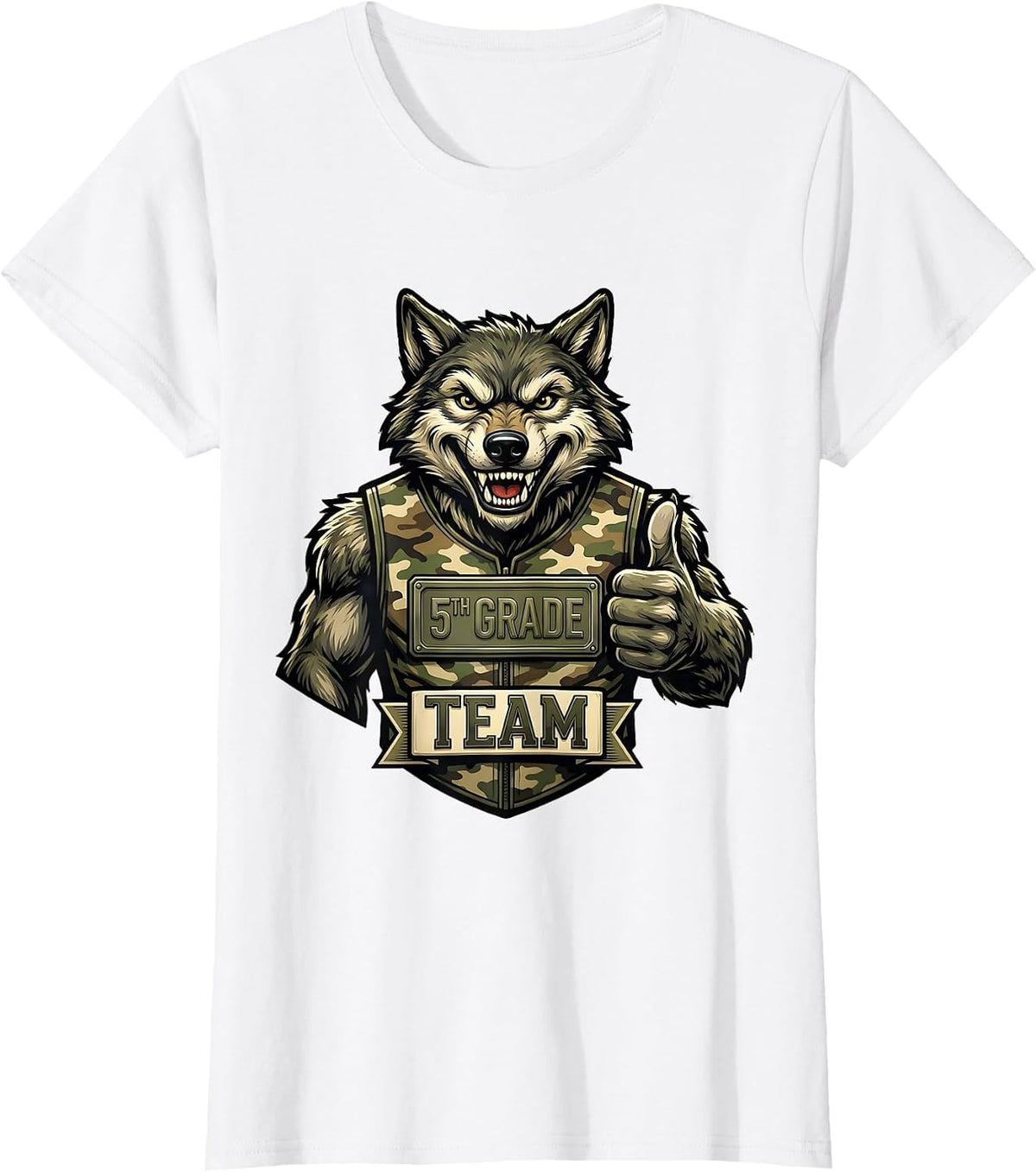Women's 5TH GRADE TEAM Retro Camo Wolf Back To School Boy T-Shirt - White
