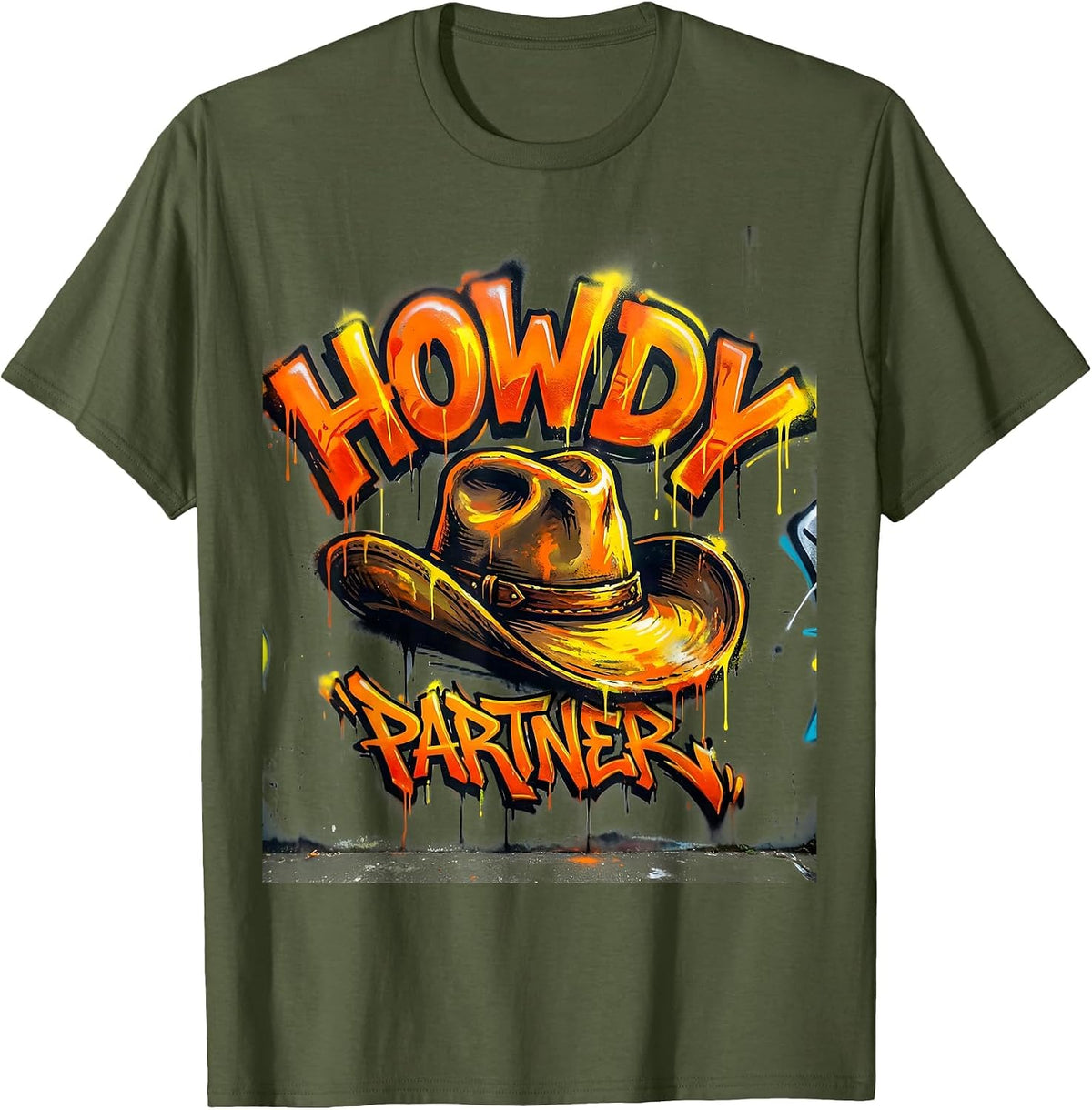 Men's Howdy Partner Western Cowboy Design T-Shirt - Olive Green