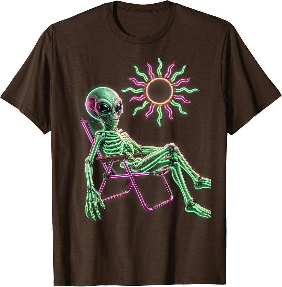 Men's Alien Lounging in Lawn Chair Under Alien Sun T-Shirt - Brown