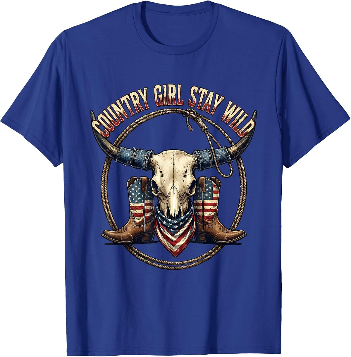 Country Girl Stay Wild Denim Cowgirl Design T-Shirt - Royal Blue