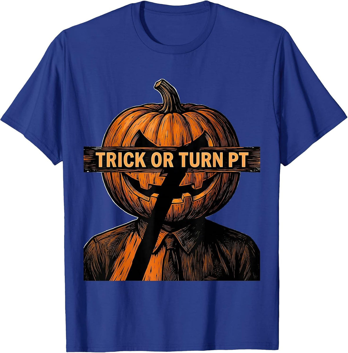 Men's Trick Or Turn PT Linocut Physical Therapy Halloween Humor T-Shirt - Royal Blue