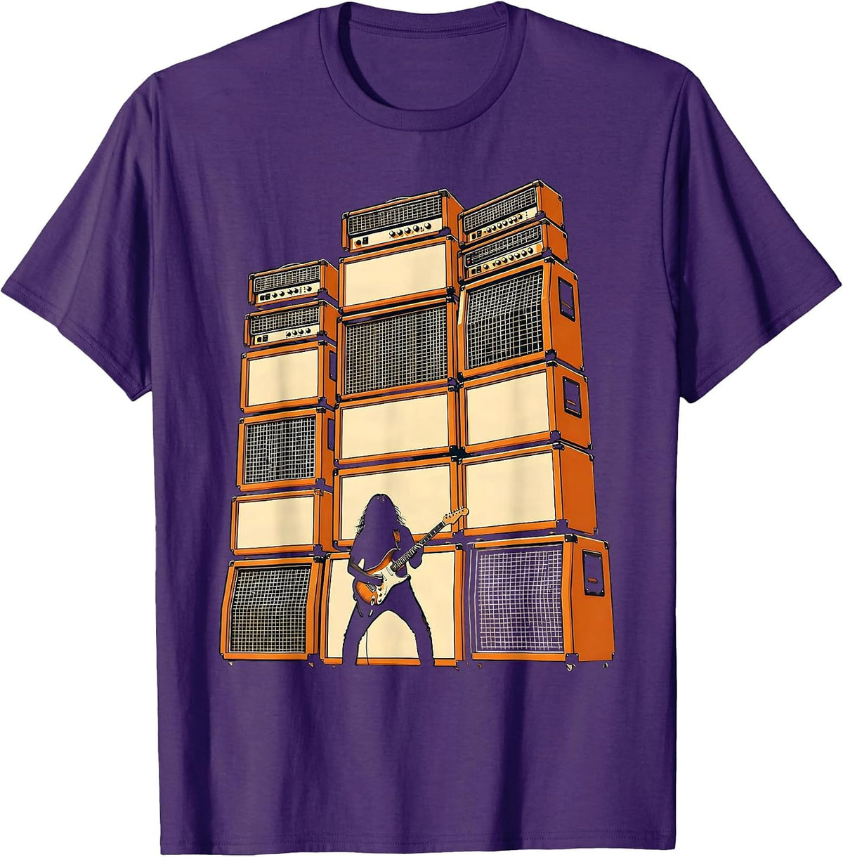 80s Rock Silhouette Giant Amplifier Stack Art T-Shirt - Purple