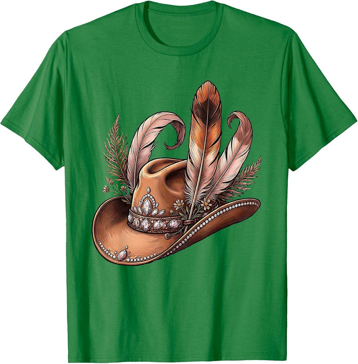 Men's Rhinestone Cowboy Hat with Feathers Graphic T-Shirt - Kelly Green