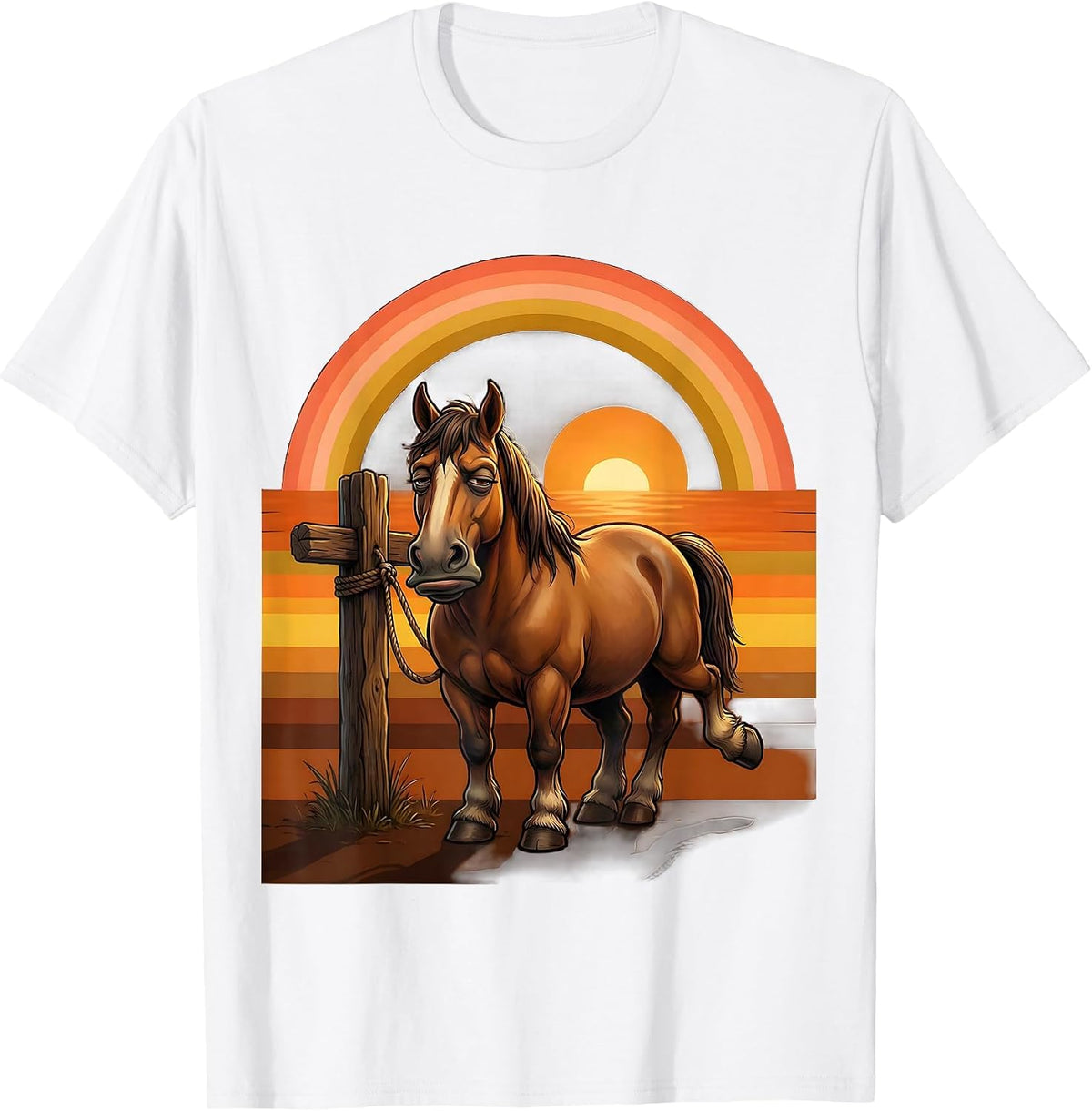 Bored Horse Tied to Post Cowboy Humor Design T-Shirt - White