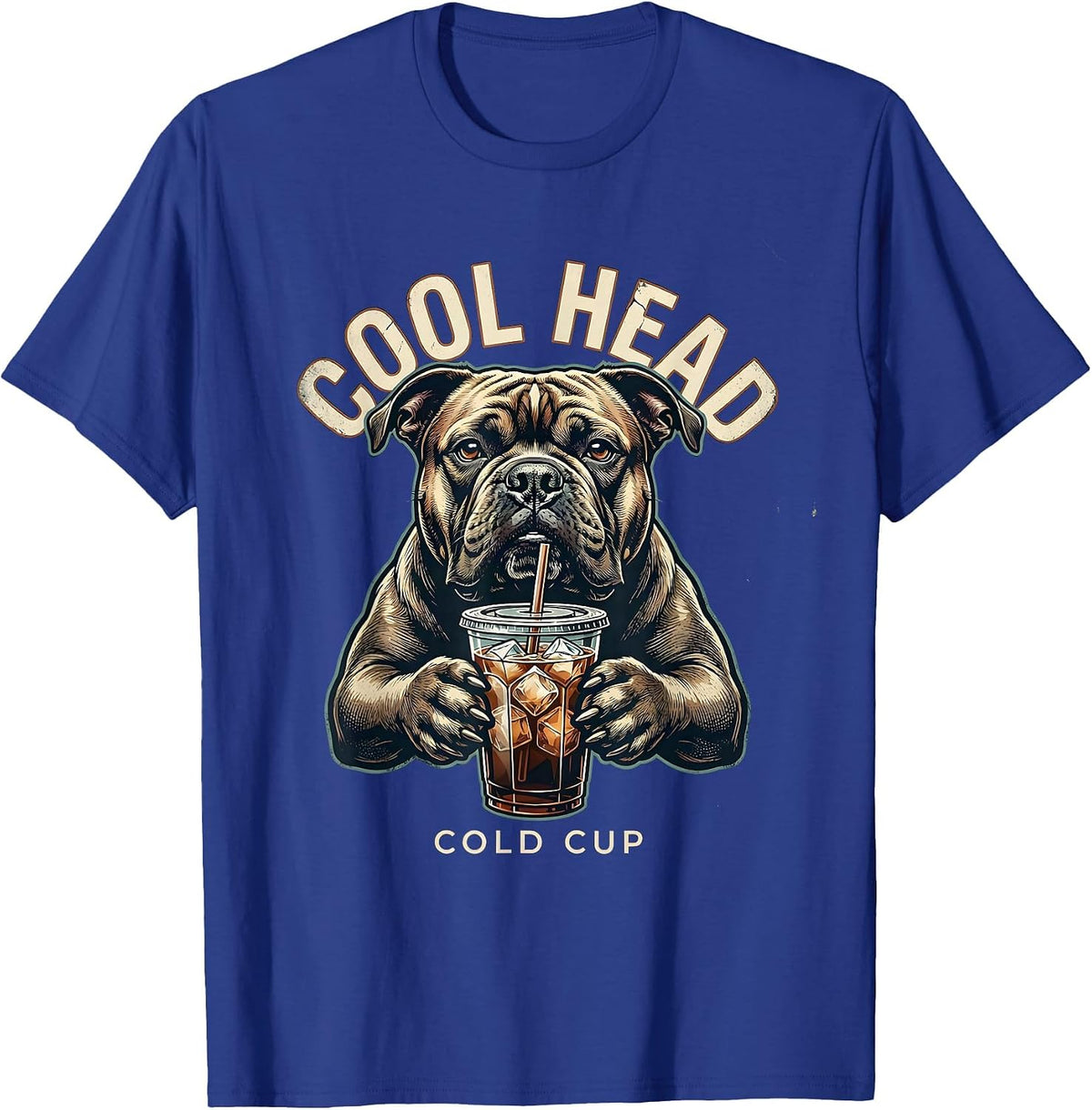 Cool Head, Cold Cup Distressed Pitbull Drinking Iced Coffee T-Shirt - Royal Blue