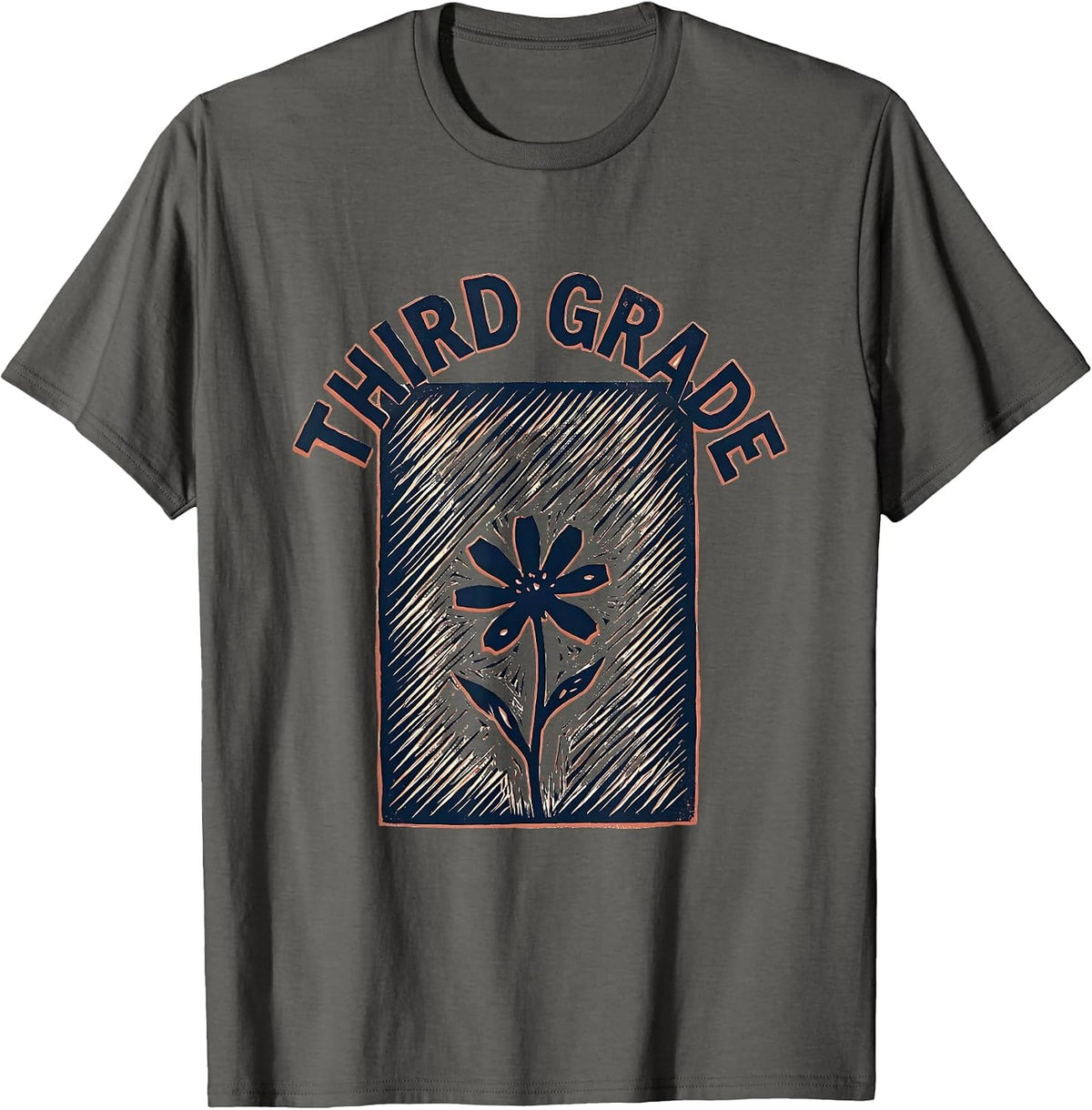 Third Grade Linocut Floral Back To School Teacher Gift T-Shirt - Asphalt Grey