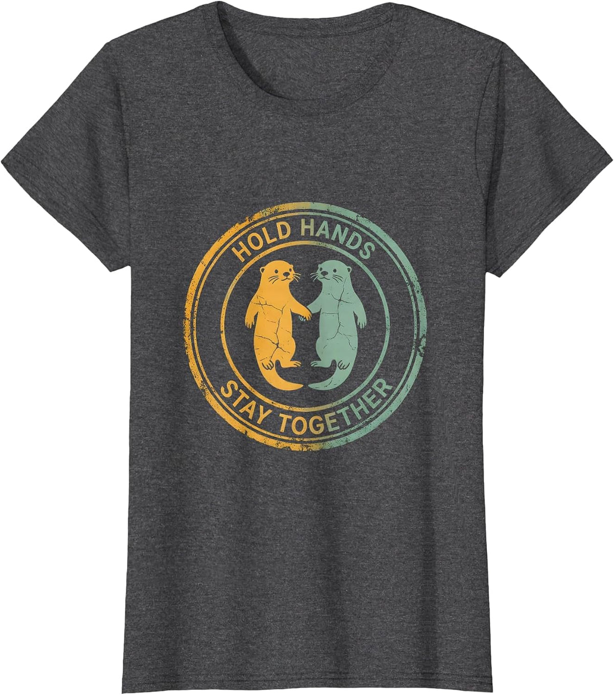 Women's Otter Hold Hands Stay Together Design T-Shirt - Dark Heather Grey