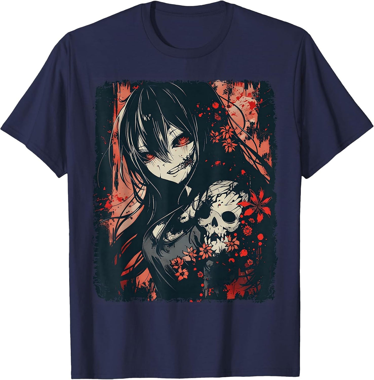 Anime Horror Girl Aesthetic Japanese Creepy Kawaii Goth T-Shirt - Navy Blue