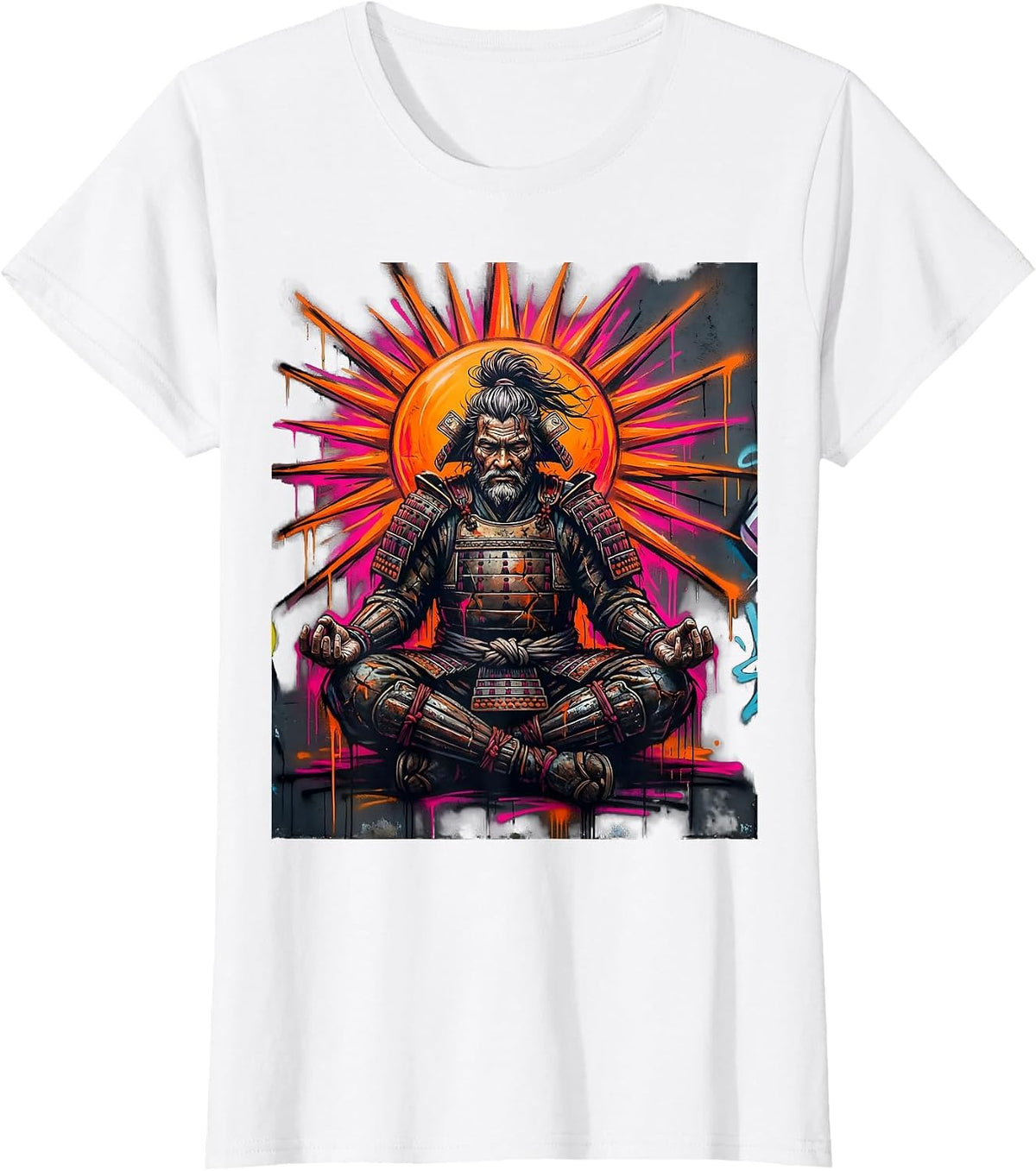 Aged Samurai Warrior Meditating at Sunrise T-Shirt - White