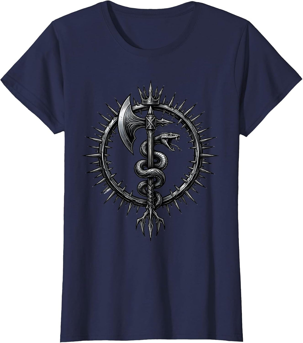 Women's Serpent and Battle Axe Metal Graphic Tee T-Shirt - Navy Blue