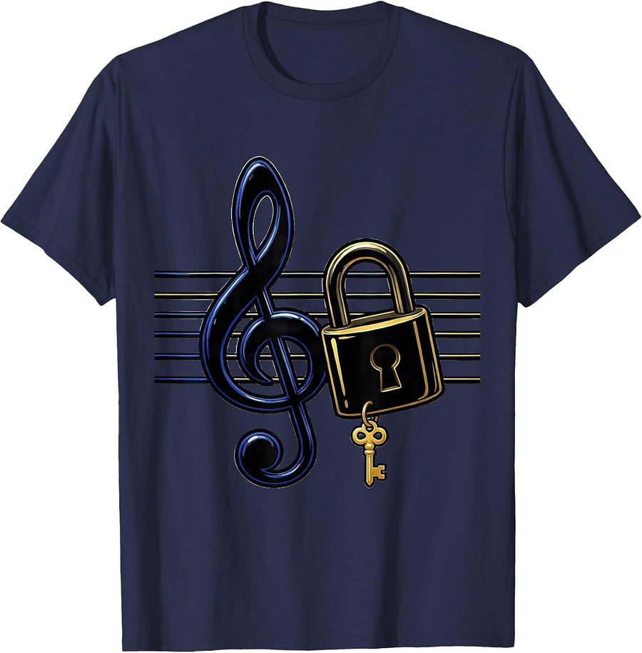 Cartoon Treble Clef Padlock Music Lover Humor T-Shirt - Navy Blue