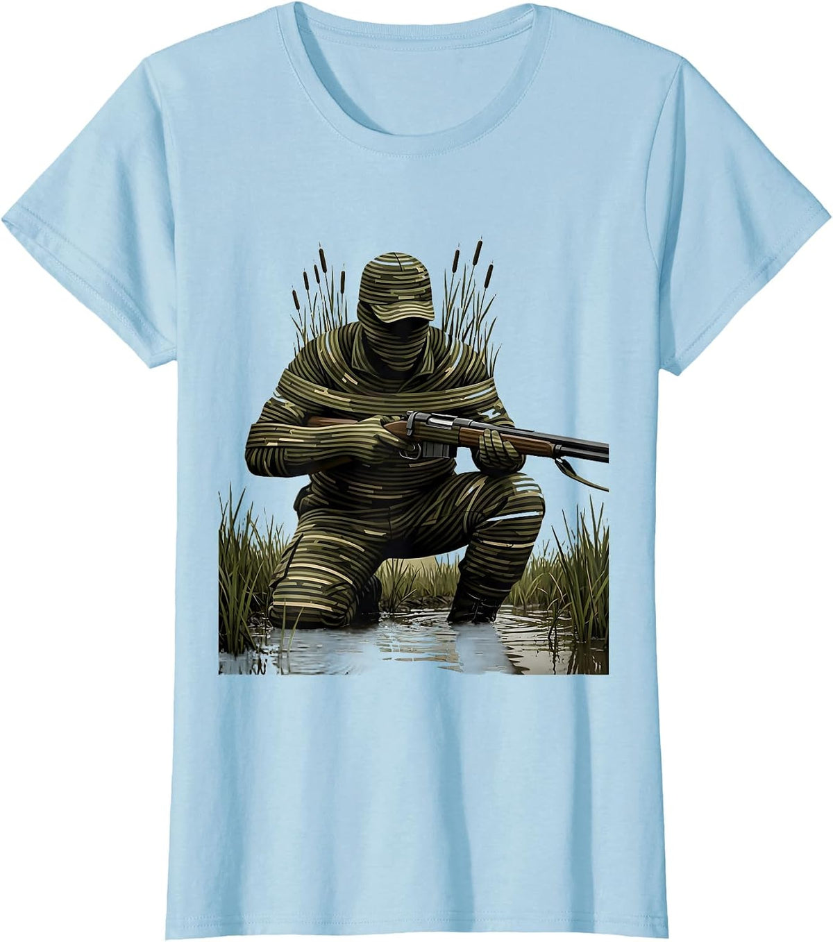 Camo Duck Hunter in Marsh Reeds Illustration T-Shirt - Baby Blue