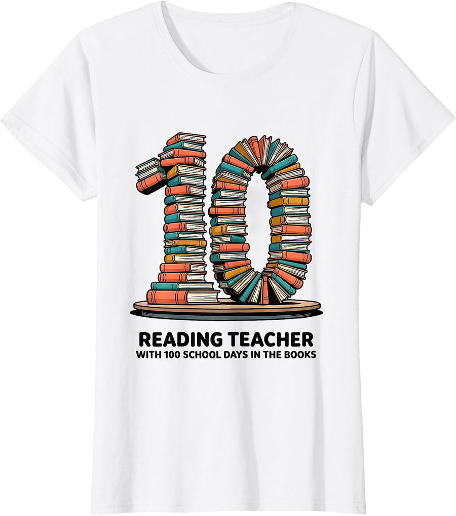Women's Reading Teacher With 100 School Days In The Books Cartoon T-Shirt - White