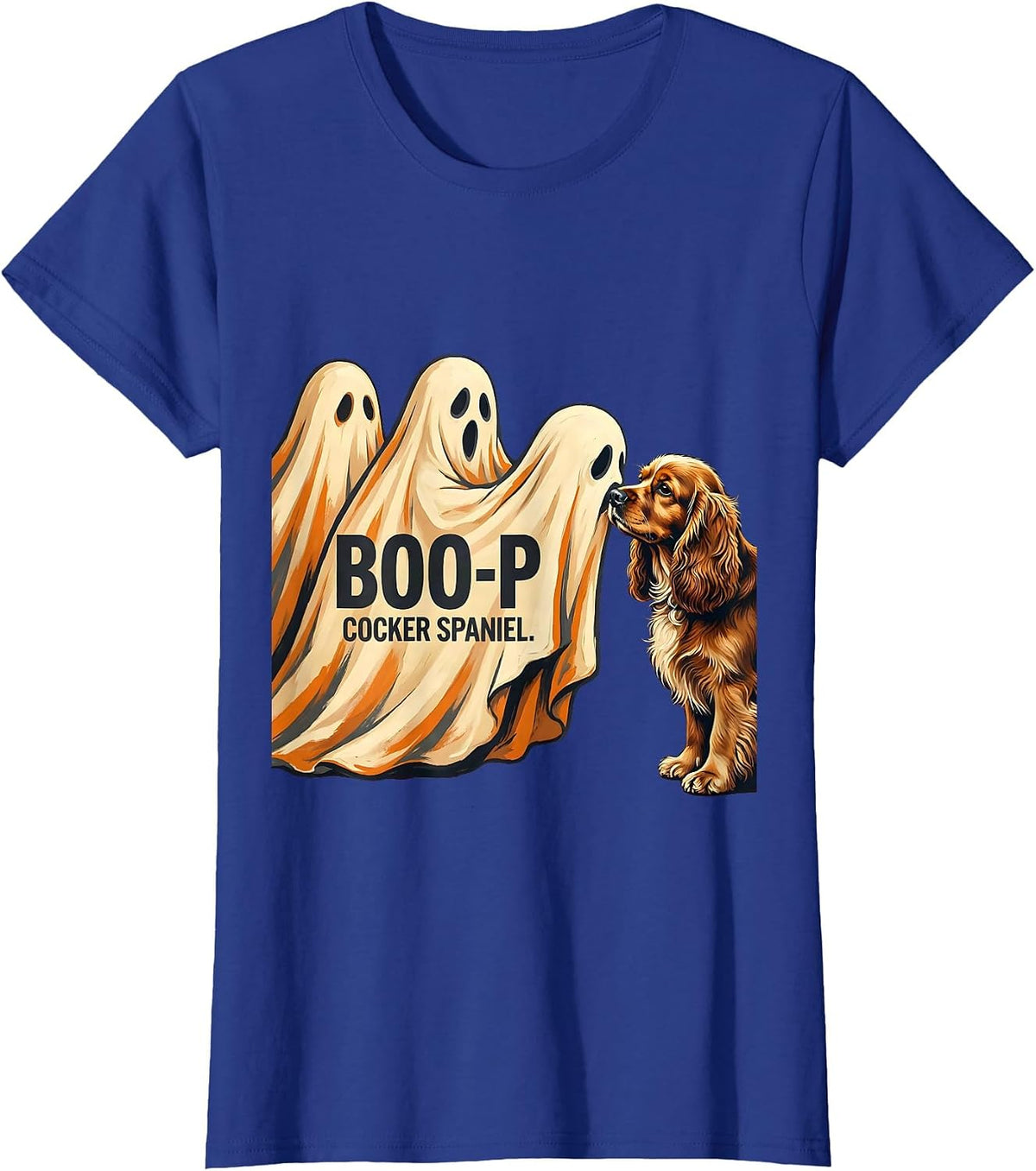 Women's Boo-p Cocker Spaniel Cute Ghost Halloween Dog Mom Humor T-Shirt - Royal Blue