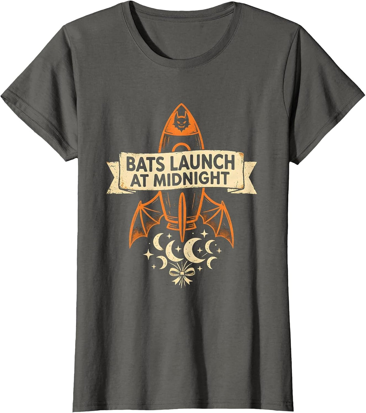 Women's Bats Launch At Midnight Halloween Space Design T-Shirt - Asphalt Grey