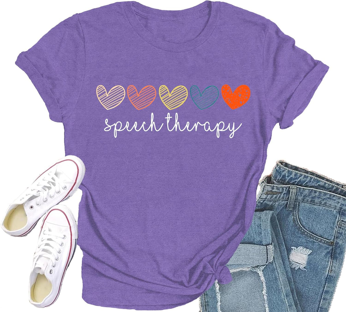 Speech Therapy Shirt for Women Speech Language Pathologist T-Shirts Cute Hearts Tee Tops - Purple