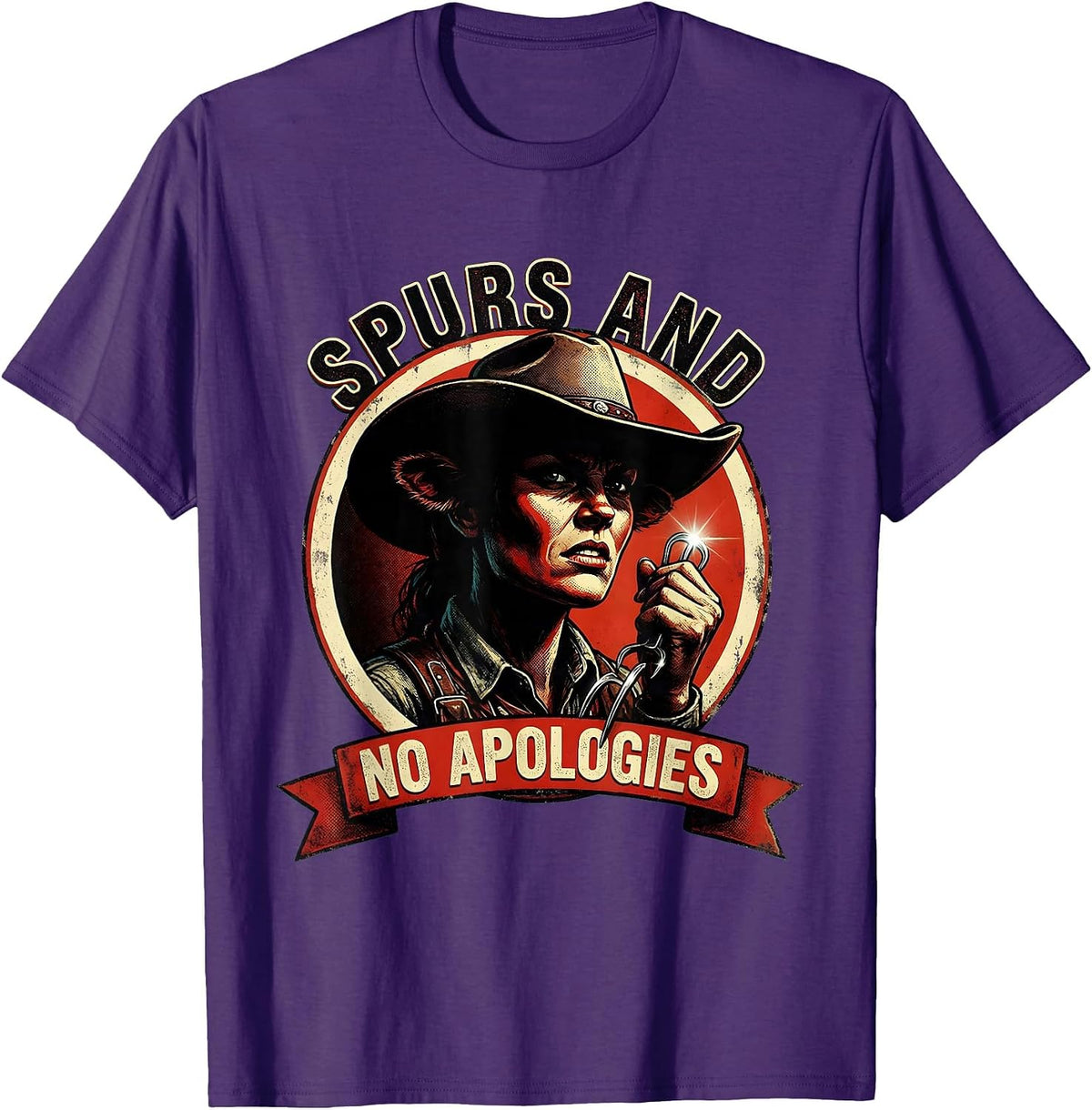 Men's White Cowgirl Spurs and No Apologies Design T-Shirt - Purple