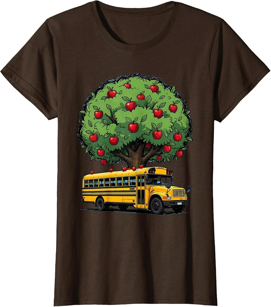 Women's Elementary Teacher Apple Tree School Bus Graphic T-Shirt - Brown