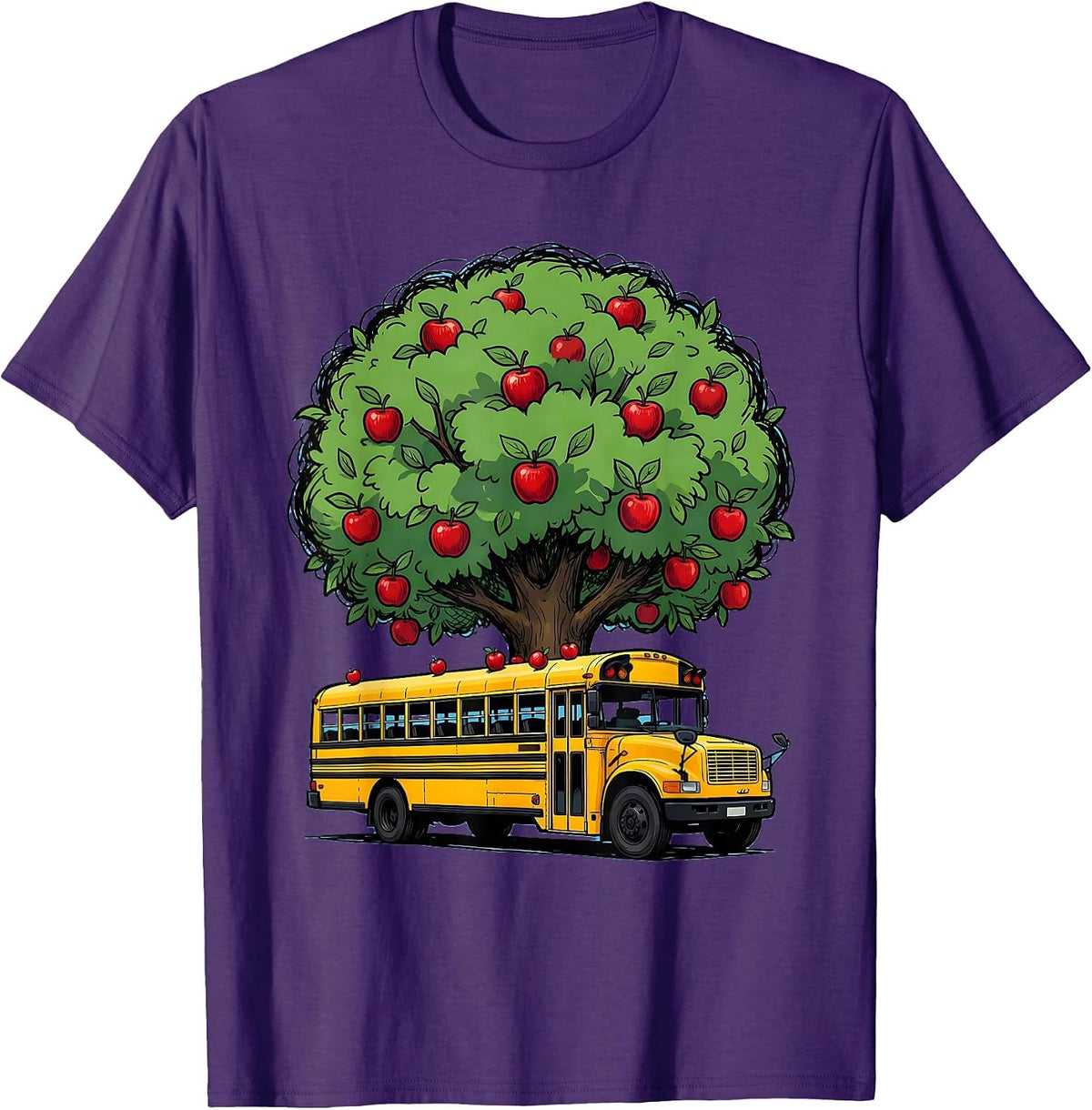 Men's Elementary Teacher Apple Tree School Bus Graphic T-Shirt - Purple