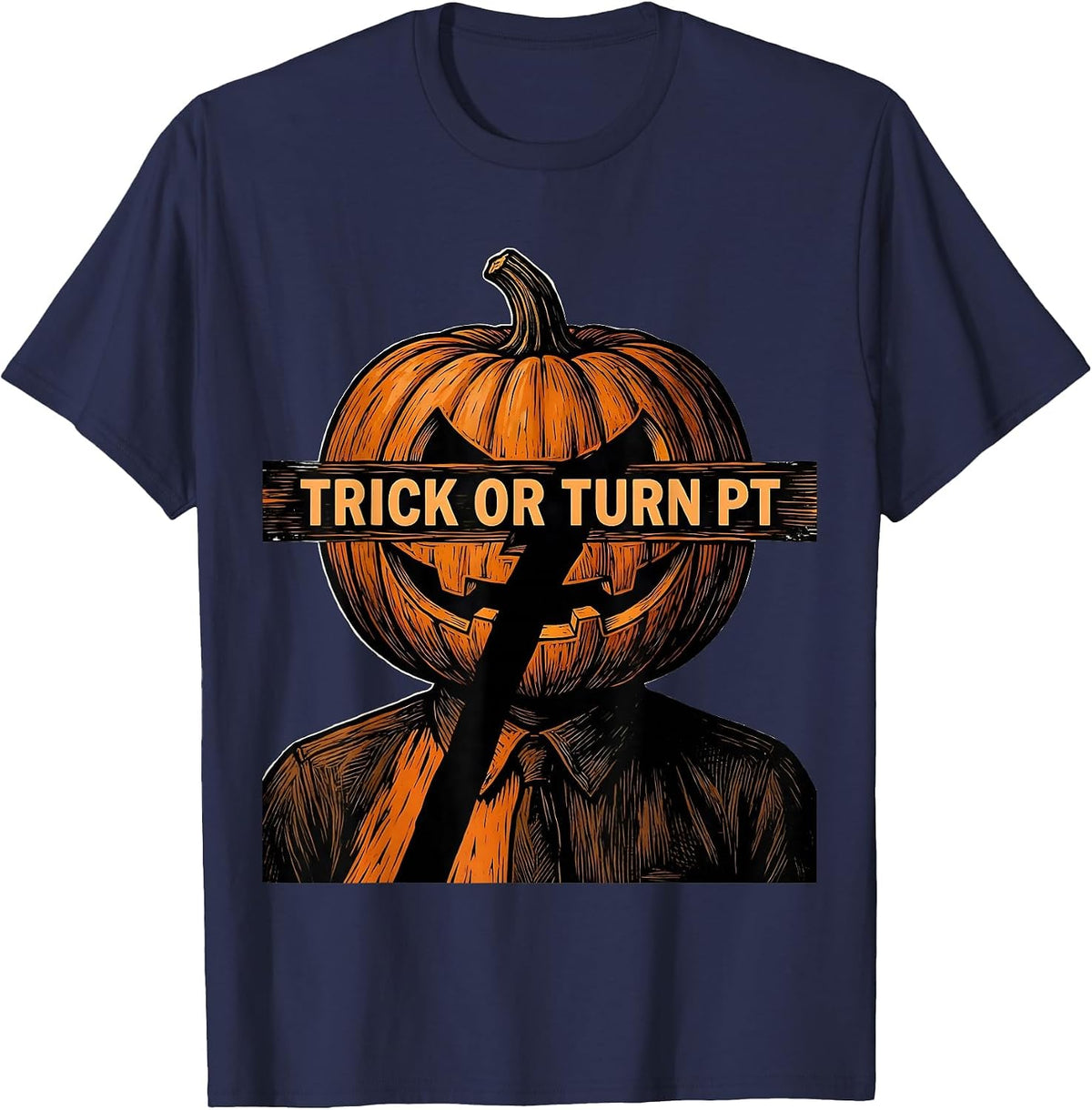 Men's Trick Or Turn PT Linocut Physical Therapy Halloween Humor T-Shirt - Navy Blue