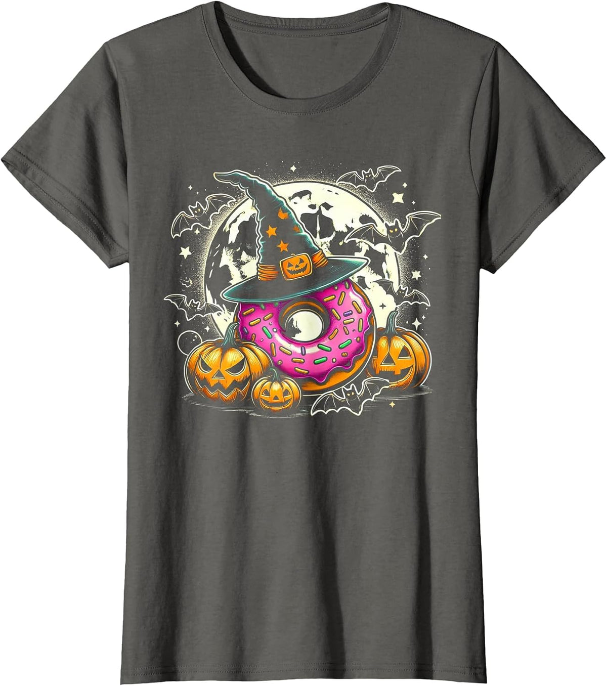 Donut Witch Halloween - Spooky Pumpkin Art T-Shirt - Asphalt Grey