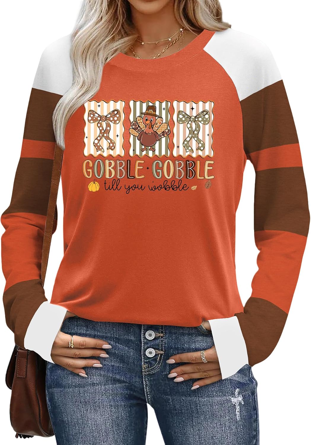 Thanksgiving Shirts for Women Thankful Turkey Graphic Long Sleeve Shirt - Turkey-orange